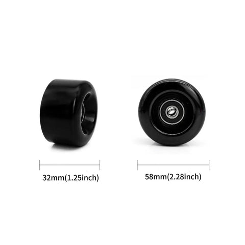 Side and top view of a black 58x32mm quad roller skate wheel with bearings, showcasing dimensions for 8 Pack 58x32mm 82A Quad Roller Skate Wheels With 16 High Speed 608RS Bearings And Wrench For Inline Skates And Skateboards Jelly Purple Outdoor Indoor Use.