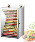 Heavy Duty Stainless Steel Electric Food Dehydrator 6 Layer Glass Door even drying fruit and veggie snacks on countertop.