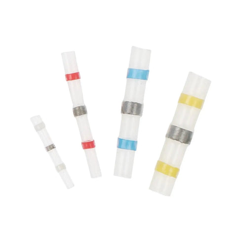 Super Cool 100 Piece Heat Shrink Insulated Soldering Tube Kit With Cable Crimp Connectors For Pro Electrical Work And DIY Repairs That Will Save You Time And Money On The Job Or AtHome Today. four insulated splice tubes with color bands