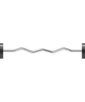 Fixed Barbell With Beefy EZ Curl Handle for Home Gym, solid steel knurled chrome bar with ergonomic grip, front view