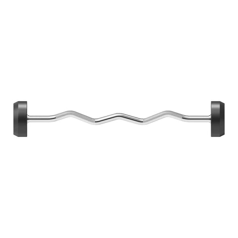 Fixed Barbell With Beefy EZ Curl Handle for Home Gym, solid steel knurled chrome bar with ergonomic grip, front view