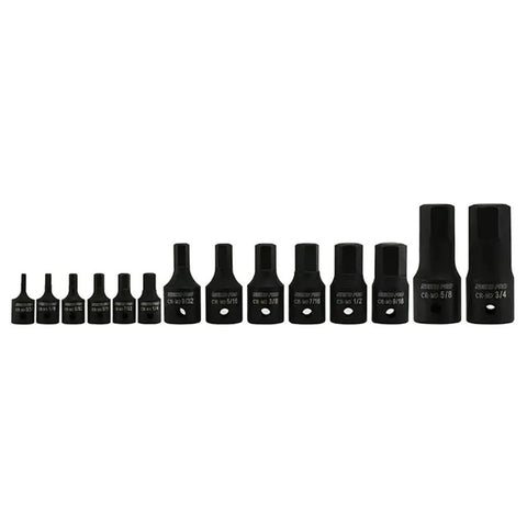 Allen Bit Socket Set, 14 Piece SAE Heavy Duty Impact Grade Cr-Mo Sockets From 3/32 To 3/4 Inch assorted sizes displayed