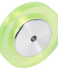 200mm Aluminum Polyurethane Industrial Encoder Wheel With 20mm Aluminum Mounting Bracket, silver and green, side view