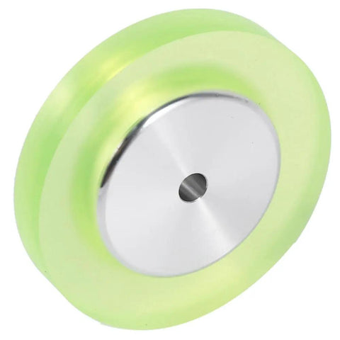 200mm Aluminum Polyurethane Industrial Encoder Wheel With 20mm Aluminum Mounting Bracket, silver and green, side view