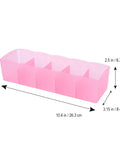 Solid Plastic Underwear Organizer Box With Five Grid Dividers For Closet Drawer Storage in pink, dimensions 10.4 x 3.15 x 2.5 inches.