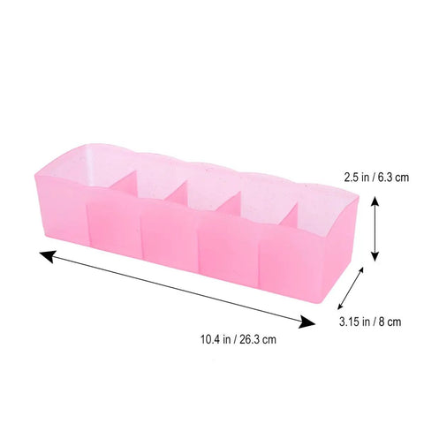 Solid Plastic Underwear Organizer Box With Five Grid Dividers For Closet Drawer Storage in pink, dimensions 10.4 x 3.15 x 2.5 inches.