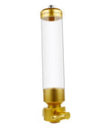Rugged Gold Coffee Bean Dispenser Jar With Airtight Lid For Kitchen Counter Setup, clear glass cylinder with gold base.