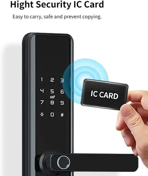 Slick Fingerprint Door Lock Delivering Dead Easy App Pairing And Rock Solid Setup For Tight Home Security Plus Fast Guest Swipes Via Custom Temp Codes And Lightning Fast Biometric Scanning, showing IC card access with keypad.