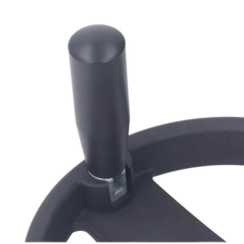 Close-up of revolving handle on Beefy Durable Insulated Plastic Hand Wheel with 7.87 inch OD, 3-spoked design, for lathe and milling machines.