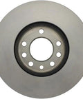 Front brake rotor disc with central hub and lug holes, gray metal finish