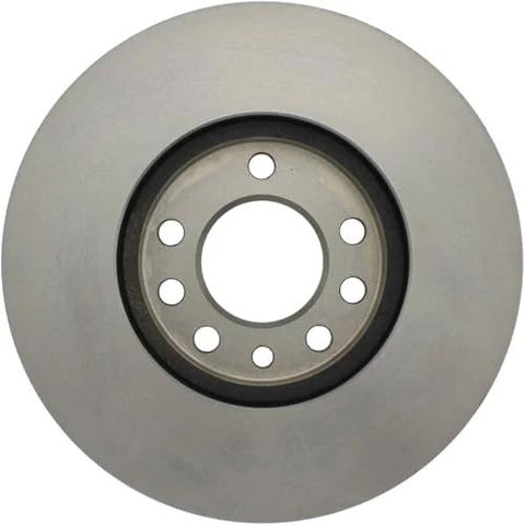 Front brake rotor disc with central hub and lug holes, gray metal finish