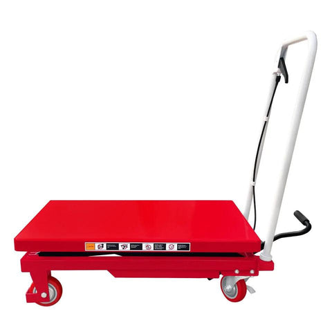 Premium red scissor lift table cart with white handle and caster wheels, 500 lb capacity