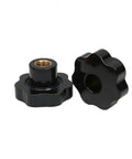 Two Heavy Duty M6 Star Knob Clamping Handles featuring a rugged black plastic grip, 32mm size for machinery adjustment.