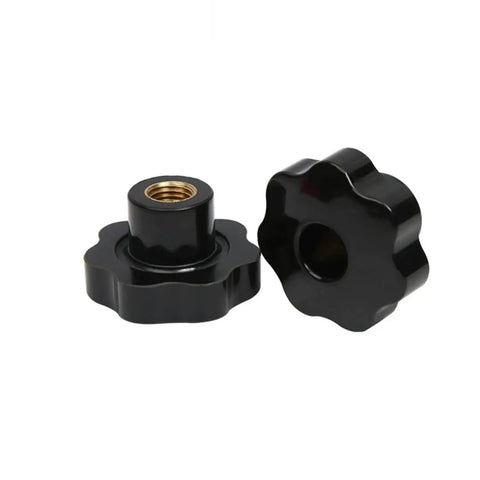 Two Heavy Duty M6 Star Knob Clamping Handles featuring a rugged black plastic grip, 32mm size for machinery adjustment.