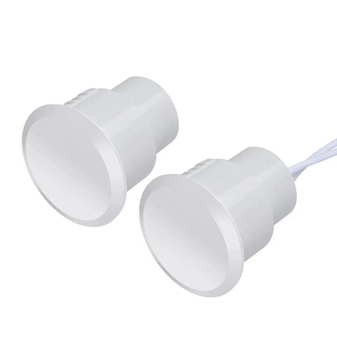 Recessed Magnetic Door Switch And Window Sensor Normally Closed Reed Contact White Abs Body Lightweight Two Point Four Gauge Cable Five Piece Set close-up of two white sensors with attached cables