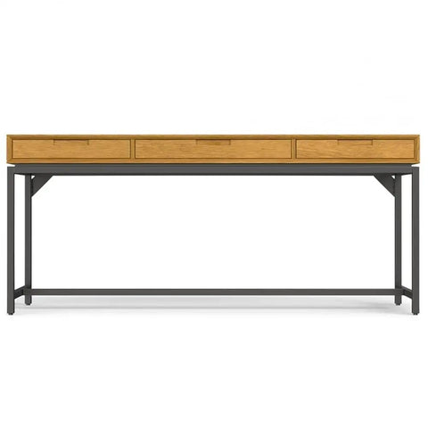 Front view of 72-inch oak veneer desk with graphite gray metal frame, part of Oak Veneer Desk And 66 Inch Bookcase Set For A Modern Industrial Home Office Setup