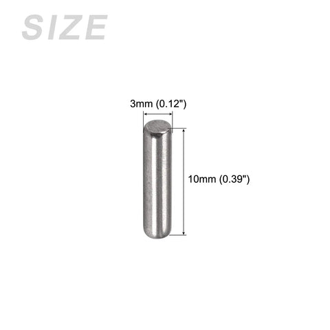 50 Pack 304 Stainless Steel Dowel Pins 3Mm X 10Mm shown with dimensions of 3mm by 10mm for precise alignment in assembly.