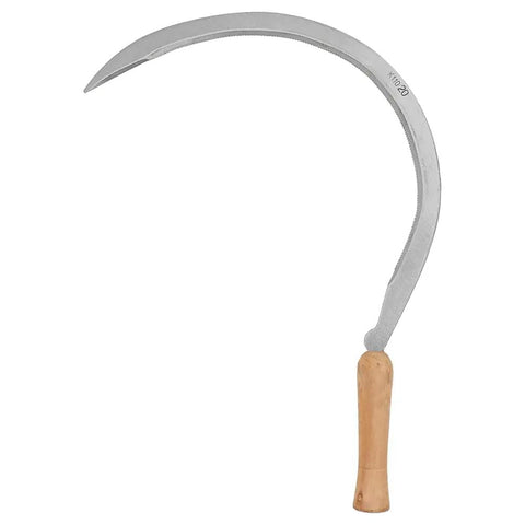 20 Inch Curved Weeding Sickle with Carbon Steel Blade and Wooden Handle, ideal for grass maintenance, wood finish tool.