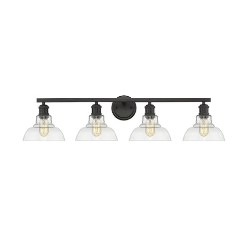 Four Light Bath Vanity Fixture With Industrial Black Finish, Damp Location Safe, Slick Modern Carver Style Bathroom Lighting
