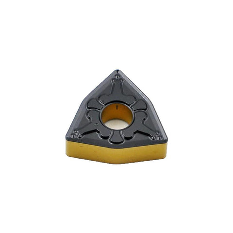 CNC carbide turning insert WNMG432, front view, for steel cutting, 0.5 in IC, 0.1875 in thick, semi-finishing chipbreaker.