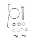 Complete Metal Reel Handle Repair Kit With Silver Bearings, Shaft Hook, Screws And Sleeve For Full Restore Of Damaged Fishing Gear Ready For Next Catch. Silver reel repair parts on white background, including shaft hook, bearings, sleeve and screws.