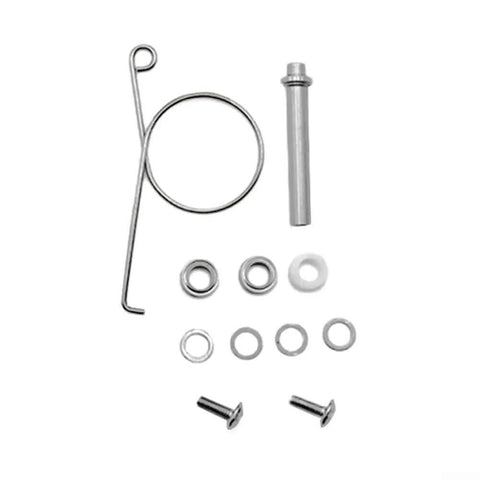 Complete Metal Reel Handle Repair Kit With Silver Bearings, Shaft Hook, Screws And Sleeve For Full Restore Of Damaged Fishing Gear Ready For Next Catch. Silver reel repair parts on white background, including shaft hook, bearings, sleeve and screws.