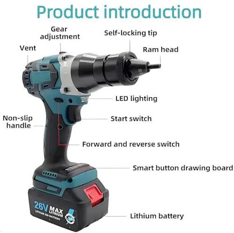 Cordless Electric Rivet Nail Gun, 2 In 1 Rivnut Installer For M3 To M12 Bolt Sizes showing features like LED lighting and self-locking tip.