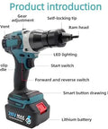 Heavy Duty Cordless Rivet Nut Gun With M3 To M12 Insertion Heads And 26V 5200Mah Rechargeable Battery Two Pack showing features like LED lighting and gear adjustment.