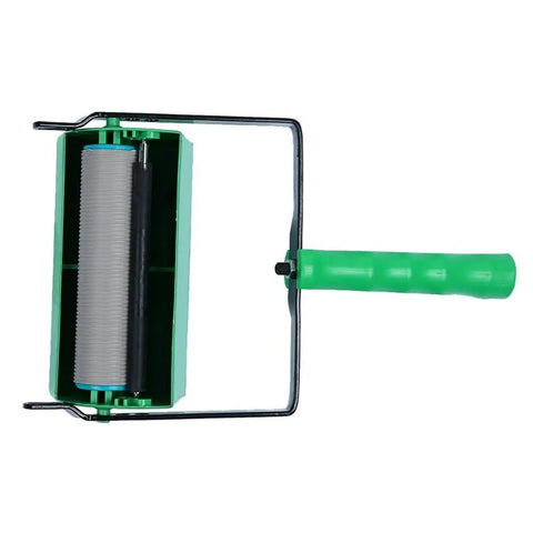 Slick Patterned Paint Roller With Swappable Texture Wheels And Dual Color Coating Wand For Fast Walls And Ceilings Plus Comfort Grip Five Inch Embossed Handle, green handle and rubber roller.
