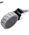 Right replacement wheel for ECOVACS Deebot robot vacuum; side view, gray plastic tire with wiring harness