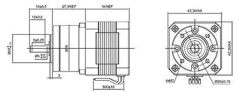 NEMA 17 stepper motor with a 5:1 planetary gearbox, front and side dimensioned views.