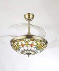 Modern 42 Inch Invisible Ceiling Fan With Silent LED Light And Sleek Gold Blades For Living Room Bedroom Or Kitchen featuring stained glass design.