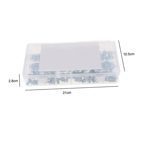 260 Piece Grease Fitting Kit With Storage Box Includes 90 Degree 45 Degree And Straight Hydraulic Fittings For Cars SAE And Metric Sizes Easy Organization And Sizing Chart Included in transparent box with dimensions labeled.