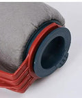 Close-up of High Capacity Non Drip Paint Roller Built For Textured Walls Holds Heavy Coats Of Paint Takes The Stress Out Of Every DIY Room Refresh Delivers A Knockout Smooth Finish Weekenders Will Love with gray microfiber cover and red plastic handle.