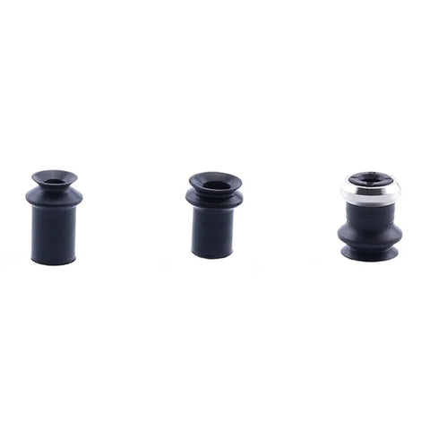 Three varying sizes of industrial black nitrile rubber suction nozzle tips for pneumatic grippers in a white background.