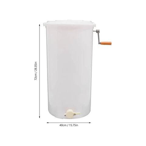 Two-Frame Manual Honey Extractor for Beekeeping, Durable Plastic Centrifuge Tool, White, Easy Grip S-Shaped Handle, Ideal for Home or Store Honey Harvesting, 15.75 by 28.35 Inches, side view