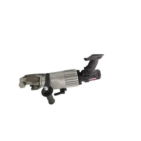 Rugged Portable Electric Rebar Cutter And Steel Rod Bender Heavy Duty Job Site Tool No Sweat Operation Smooth Bending Wireless Design Works Like A Champion, close-up view showing handle and cutting mechanism.