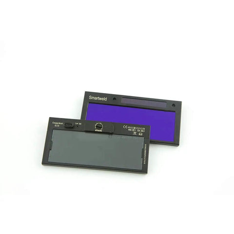 Smartweld ADF USB C Rechargeable Auto Darkening Filter for welding hoods, front and back view with True Color POP display