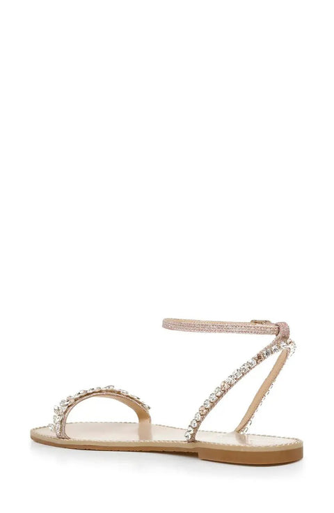 Kensy Flat Sandal For Women In Champagne With Ornate Embellishment And Breathable Leather Lining, side view showcasing strap details.