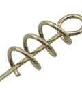 Close-up of a 304 stainless steel centering twist lock, spring lock crank hook pin for soft baits, 1.5 cm, road runner style fishing gear.