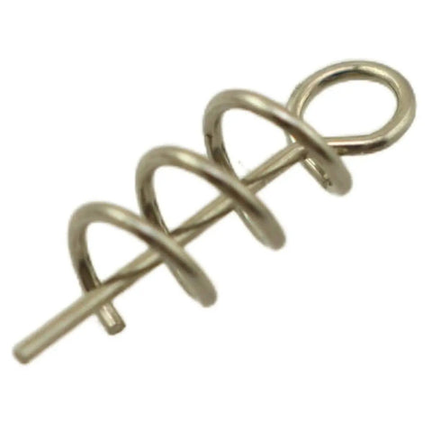 Close-up of a 304 stainless steel centering twist lock, spring lock crank hook pin for soft baits, 1.5 cm, road runner style fishing gear.