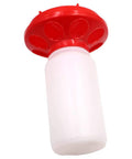 Heavy Duty Automatic Poultry Feeder With Waste Free Base And Clear Sight Jar features a red top and clear plastic jar for easy feeding.