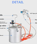 Hustle Friendly 10L Pneumatic Paint Pressure Pot With Upgraded Spray Gun showing handle, barometer, safety valve, and 10L barrel.