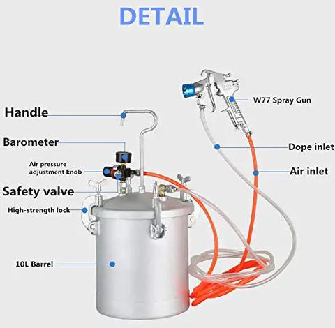 Hustle Friendly 10L Pneumatic Paint Pressure Pot With Upgraded Spray Gun showing handle, barometer, safety valve, and 10L barrel.