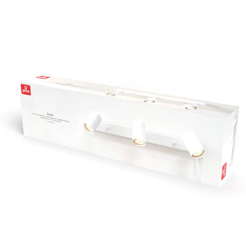 Box packaging of Three Light Plug In Track Lighting With Adjustable Heads In Matte White Finish 22 Inch Length 15 Foot Cord With In Line Switch