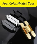Four colored concealed hinges for wooden folding doors, shown in black, silver, and gold, highlighting various modern design options.