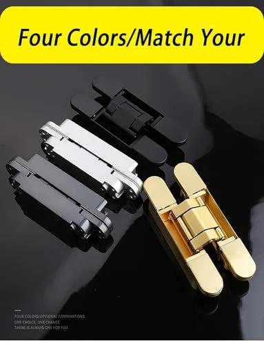 Four colored concealed door hinges in black, silver, gold on reflective surface. 3 Pack Adjustable 180 Degree Silent Concealed Hinges In Black.