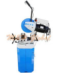 14 Inch Cold Cut Circular Saw With Heavy Duty Stand, Swivel Base Pro Grade Rig For Precision Metal Cutting, 220V 3 Phase, Dual Speed 18 Or 36 RPM, Cuts Steel Like Butter, Shop Ready, Built To Perform, Job Site Essential with blue and white design.