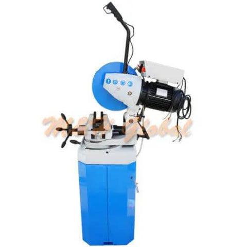14 Inch Cold Cut Circular Saw With Heavy Duty Stand, Swivel Base Pro Grade Rig For Precision Metal Cutting, 220V 3 Phase, Dual Speed 18 Or 36 RPM, Cuts Steel Like Butter, Shop Ready, Built To Perform, Job Site Essential with blue and white design.