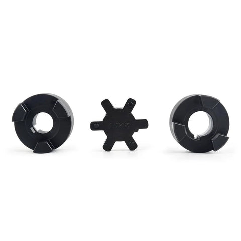 Front view of black 3-piece L-jaw coupling set: left hub, center star insert, right hub.